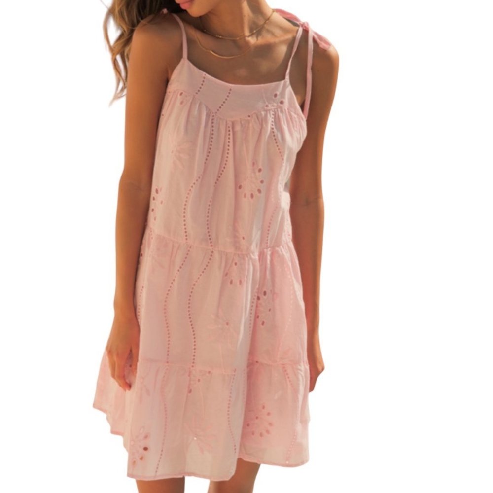 Seven Wonders Tie Strap Tiered Mini Swing Dress Pink Size Small NWT
